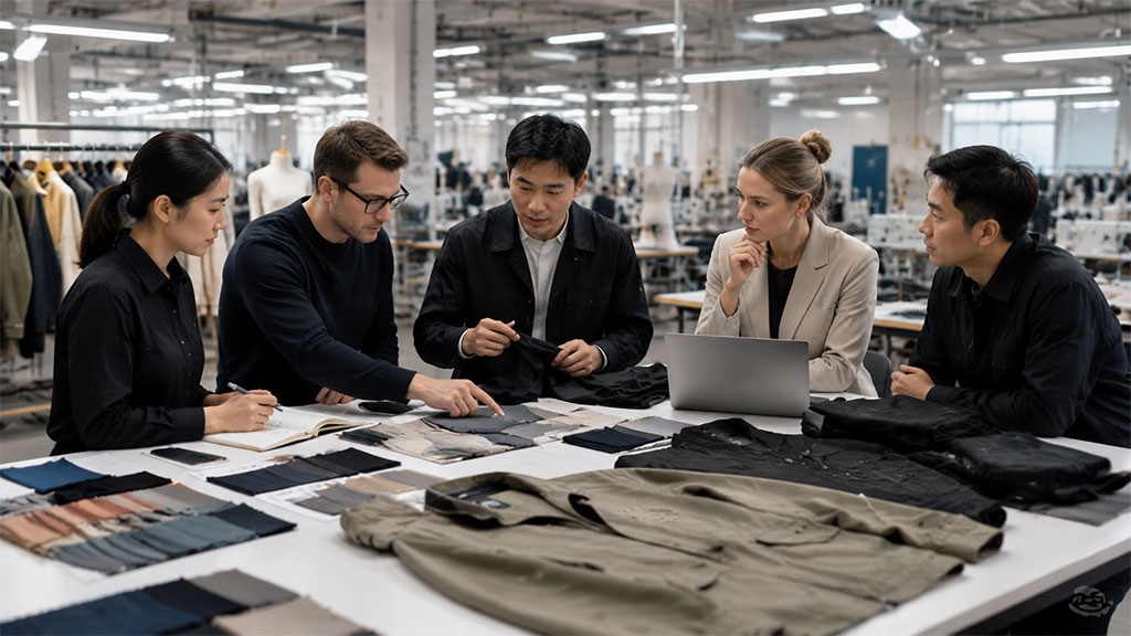 Apparel brand team reviewing fabric samples and production requirements with an OEM manufacturing partner