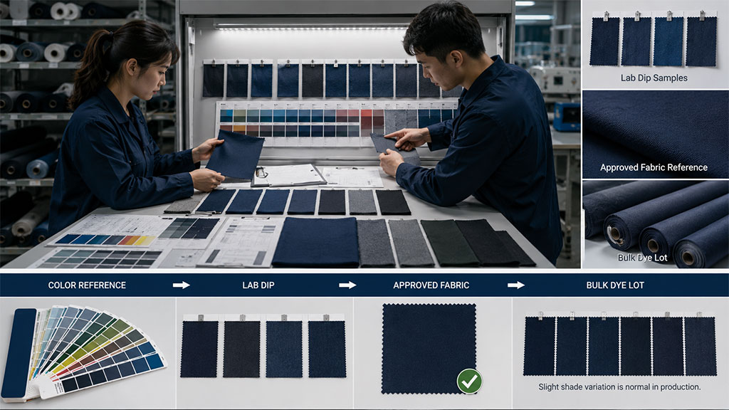 Technician comparing color swatches and lab dips for garment color matching approval