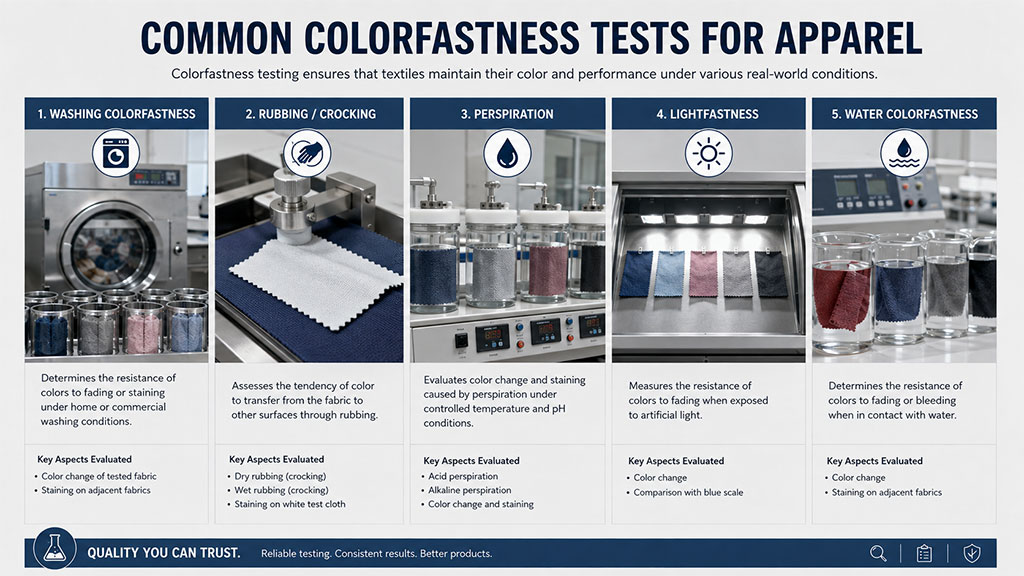 Colorfastness testing methods for washing, rubbing, light and perspiration resistance in apparel