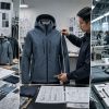 A three-panel composite image illustrating the apparel sampling process stages, featuring a designer sketching and selecting fabrics for a development sample, a technician measuring a fit sample on a dress form, and a quality inspector reviewing a production sample in a manufacturing factory.