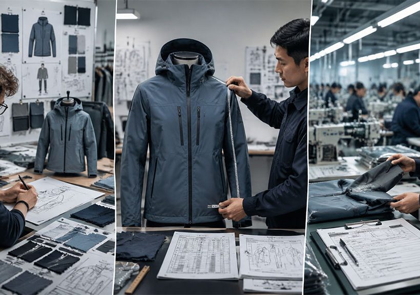 A three-panel composite image illustrating the apparel sampling process stages, featuring a designer sketching and selecting fabrics for a development sample, a technician measuring a fit sample on a dress form, and a quality inspector reviewing a production sample in a manufacturing factory.