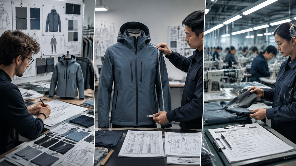 A three-panel composite image illustrating the apparel sampling process stages, featuring a designer sketching and selecting fabrics for a development sample, a technician measuring a fit sample on a dress form, and a quality inspector reviewing a production sample in a manufacturing factory.