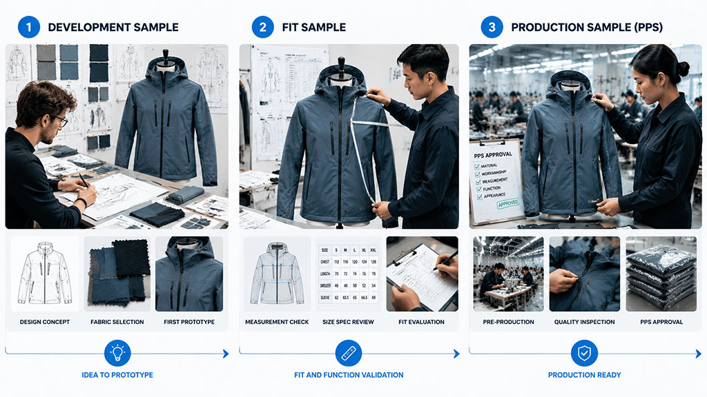 A comprehensive visual comparison chart outlining the three core phases of apparel sampling, including the idea-to-prototype development sample, fit and function validation fit sample, and production-ready pre-production sample approval.