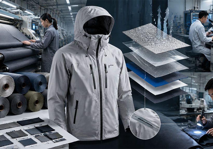 Fabric inspection before production for OEM apparel manufacturing with technical outerwear, fabric rolls and textile testing