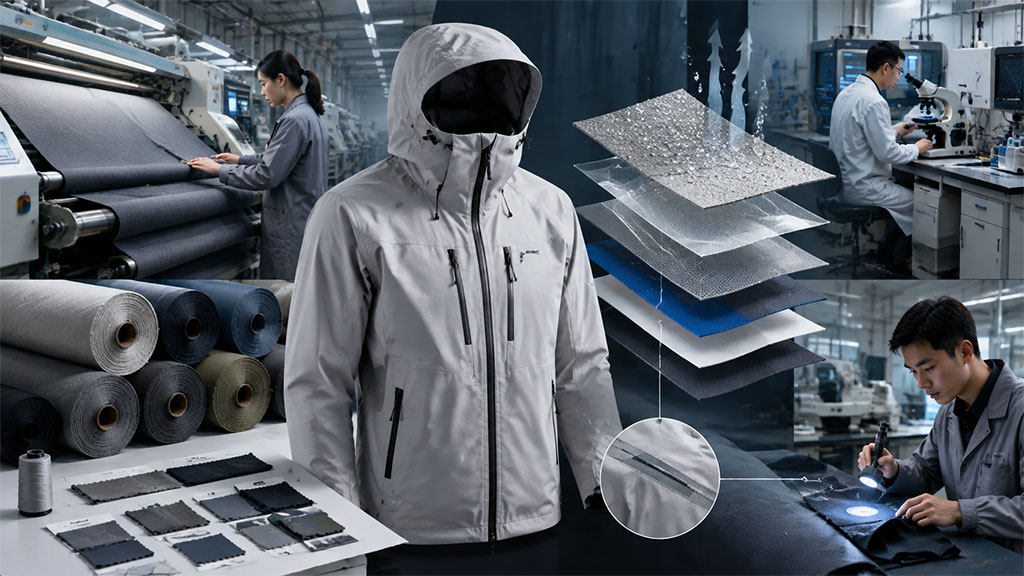 Fabric inspection before production for OEM apparel manufacturing with technical outerwear, fabric rolls and textile testing