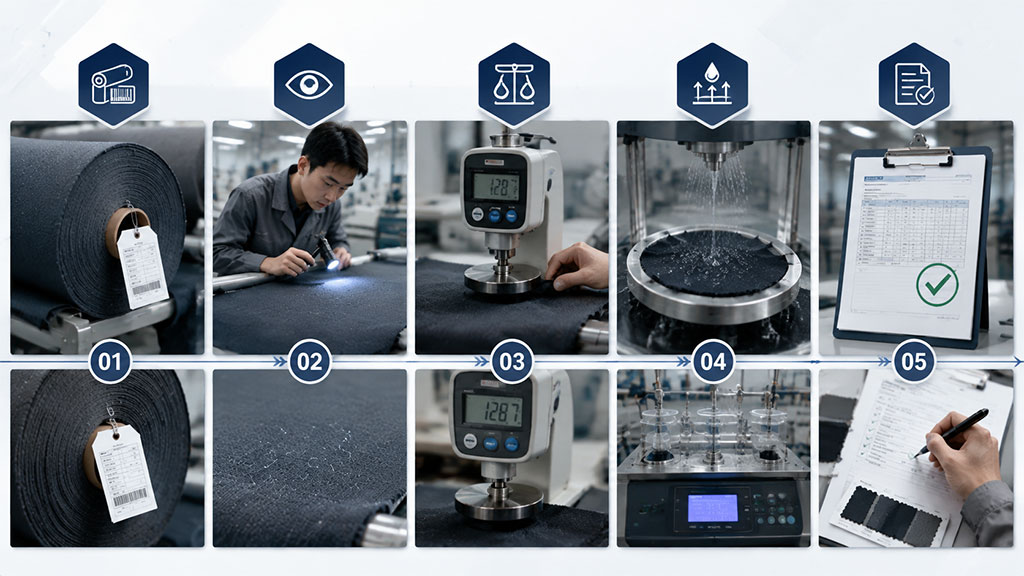Fabric inspection process from roll identification and sampling to testing, defect review and approval