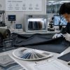 Fabric swatches, test reports and laboratory equipment representing quality control in OEM apparel production