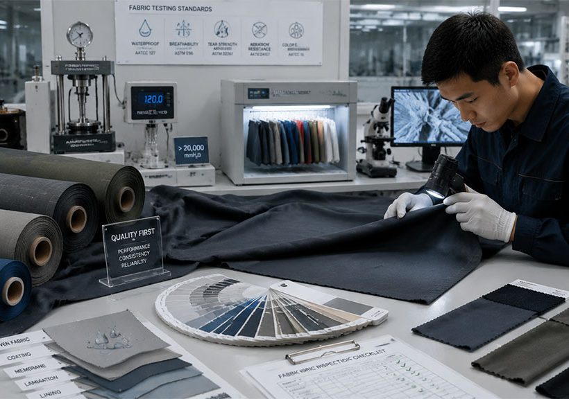 Fabric swatches, test reports and laboratory equipment representing quality control in OEM apparel production