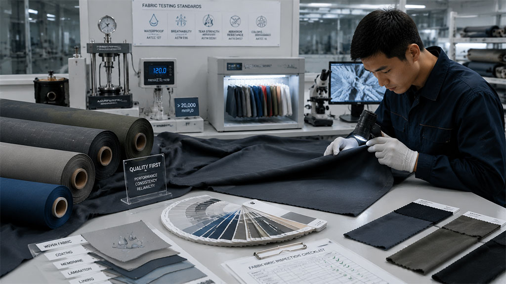 Fabric swatches, test reports and laboratory equipment representing quality control in OEM apparel production