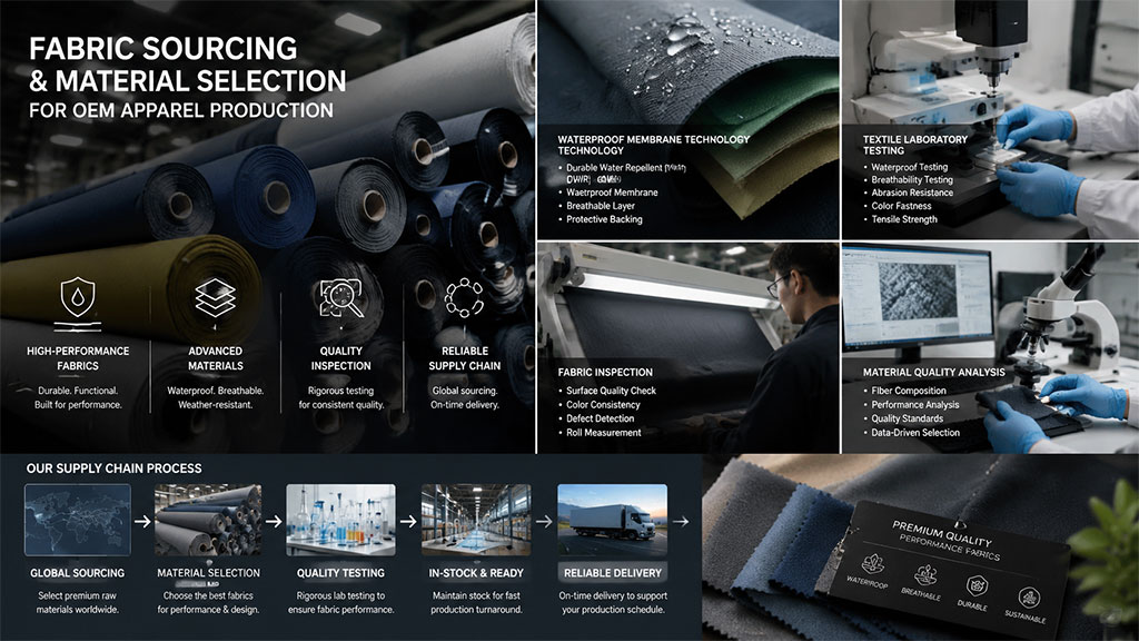 Fabric swatches and material rolls representing sourcing and material selection for OEM apparel production