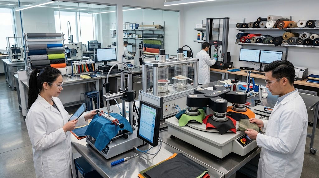 Textile laboratory testing fabric performance before OEM garment production