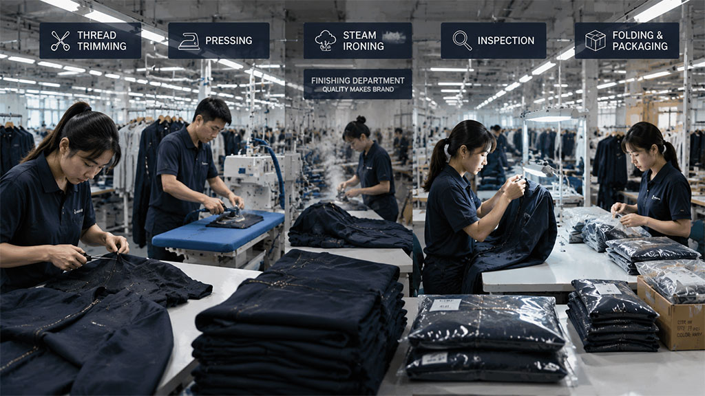 Garment finishing process including trimming, pressing, washing and final presentation