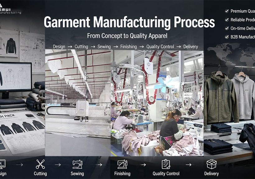 Garment manufacturing process from fabric cutting and sewing to finishing and quality inspection