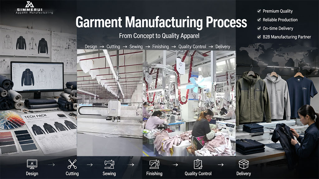 Garment manufacturing process from fabric cutting and sewing to finishing and quality inspection