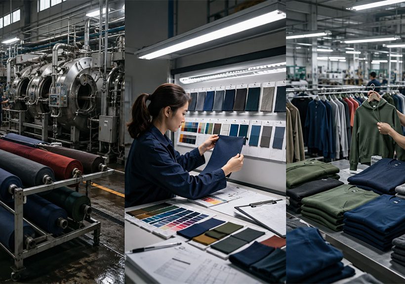 Garment quality in apparel manufacturing with dyeing equipment, fabric color checks and finished clothing