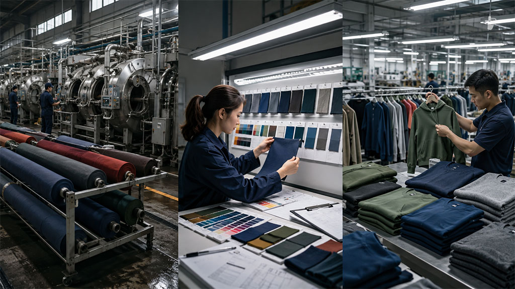 Garment quality in apparel manufacturing with dyeing equipment, fabric color checks and finished clothing