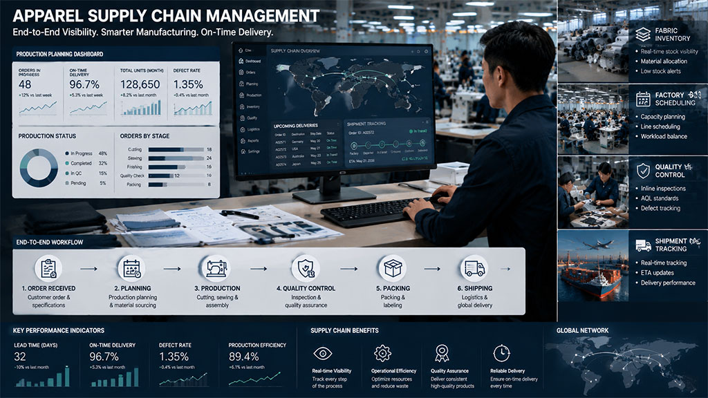 Apparel manufacturing workflow showing ways brands can shorten production lead time from planning to shipment