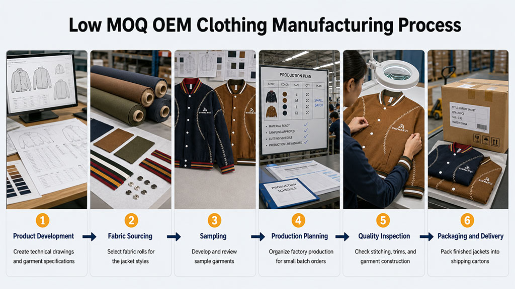 Low MOQ custom clothing manufacturing workflow from design and sampling to bulk production and delivery