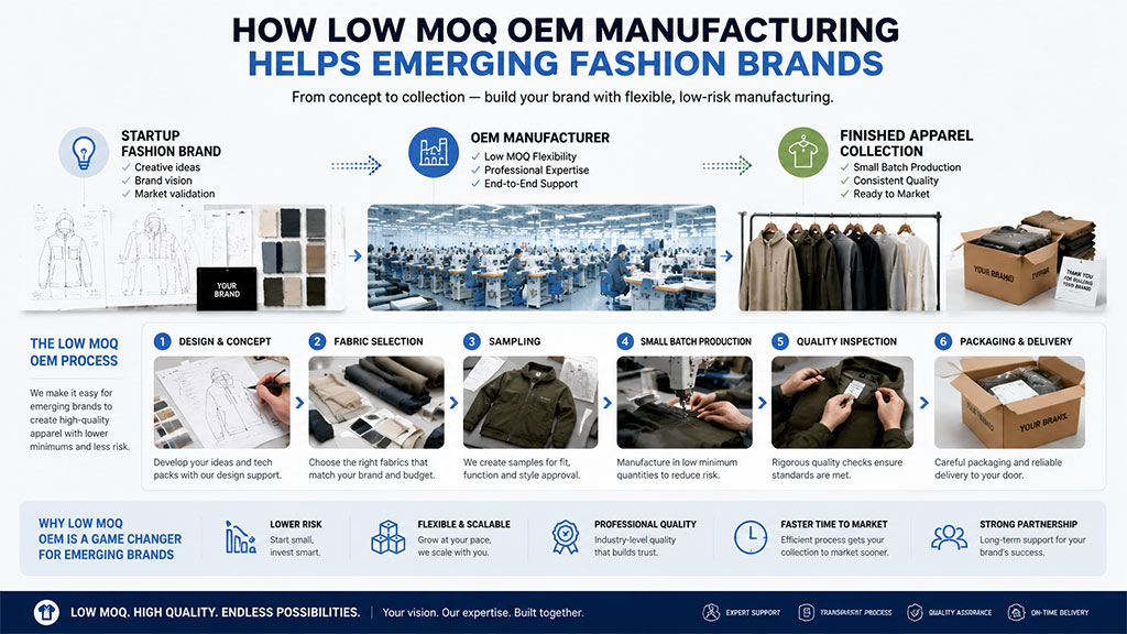 Small apparel collection and production planning representing how low MOQ OEM manufacturing supports emerging brands