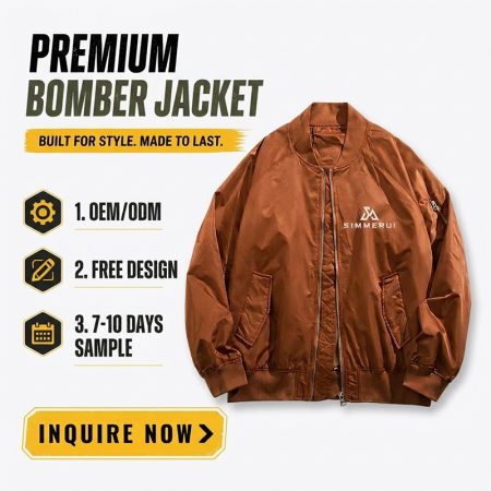 Coffee urban casual bomber jacket with Simmerui embroidered logo and custom OEM apparel options