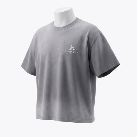 Simmerui grey heavyweight cotton boxy t-shirt displayed on a mannequin, featuring a minimalist embroidered logo on the chest and a relaxed streetwear fit.