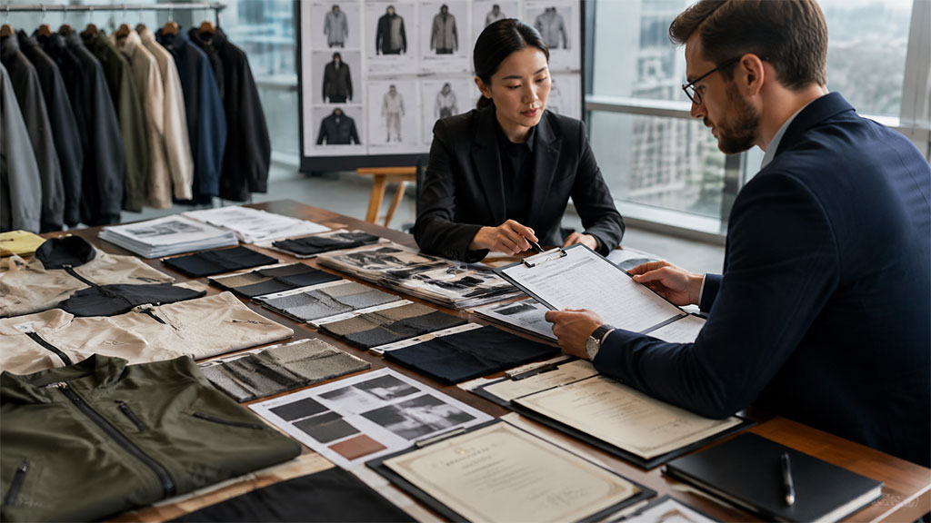A business meeting between a brand representative and an ODM apparel supplier reviewing an evaluation checklist, surrounded by technical outerwear samples, fabric swatches, and compliance certificates