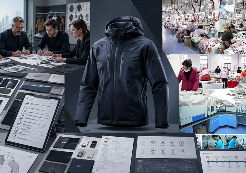 A comprehensive guide graphic showing 10 mistakes brands should avoid before apparel production, featuring design meetings, technical specifications, fabric swatch check sheets, and factory assembly lines.
