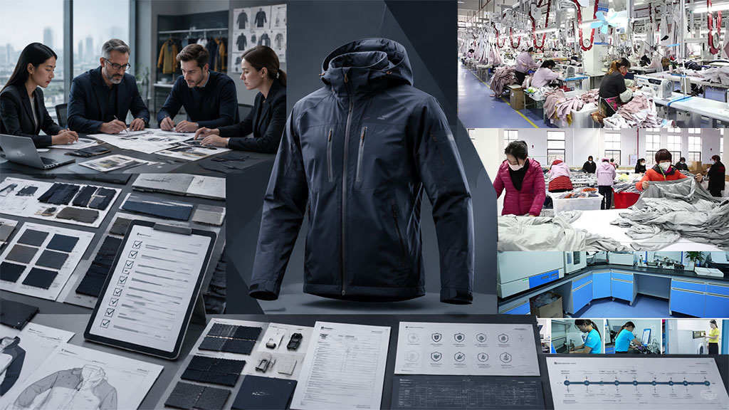 A comprehensive guide graphic showing 10 mistakes brands should avoid before apparel production, featuring design meetings, technical specifications, fabric swatch check sheets, and factory assembly lines.