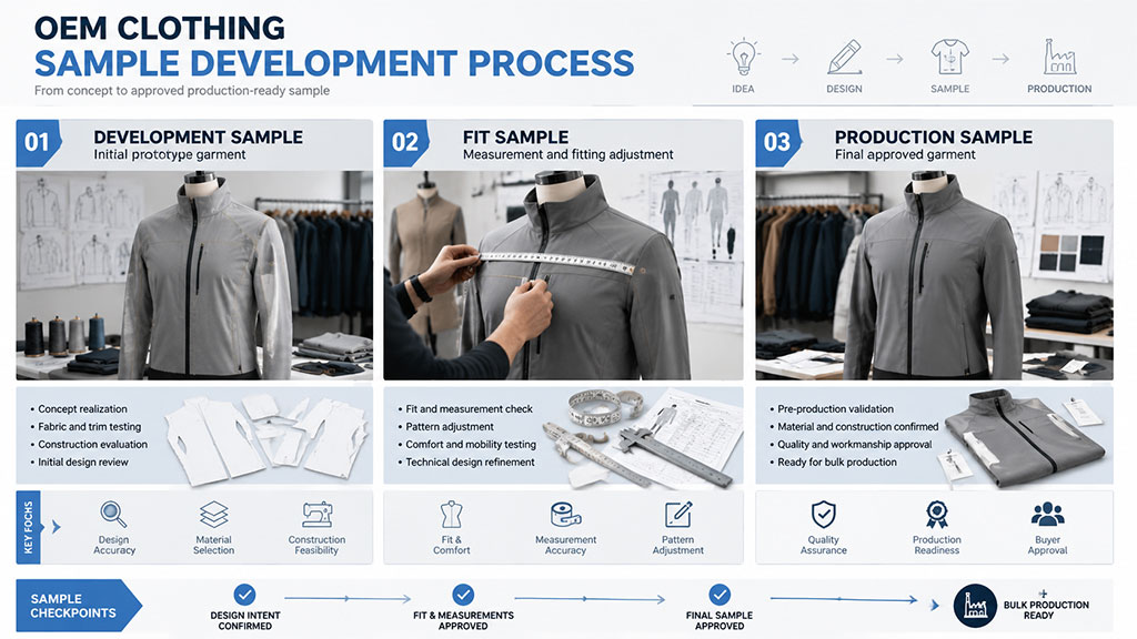 OEM clothing sample development process from technical design and prototype sewing to fit approval