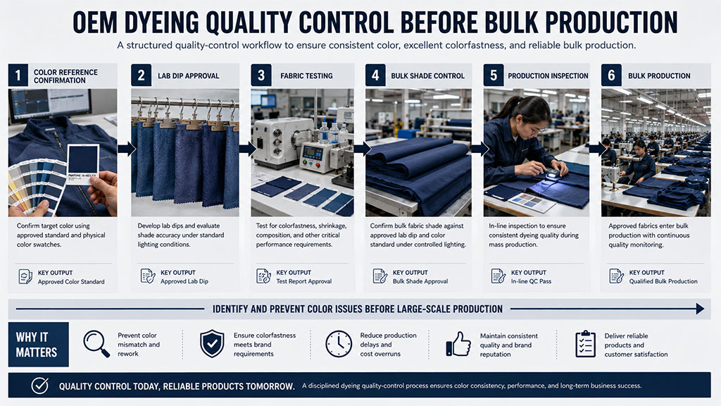 OEM dyeing quality control workflow from lab dip approval to bulk production and final inspection
