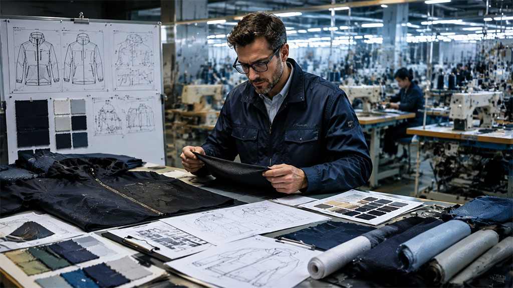 Apparel specialist reviewing product documents representing OEM manufacturing experience