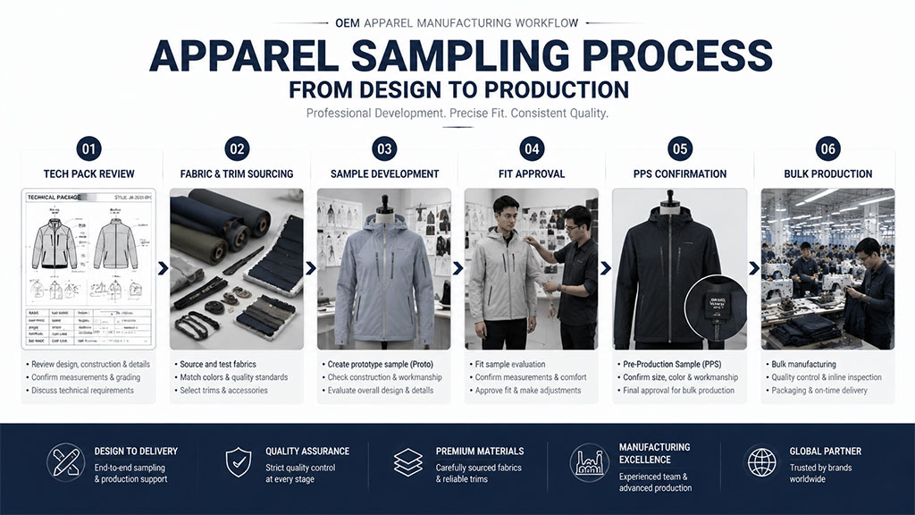 An end-to-end OEM apparel manufacturing workflow diagram outlining the six-step sampling process from initial tech pack review, fabric sourcing, and sample development to fit approval, pre-production sample confirmation, and bulk production.