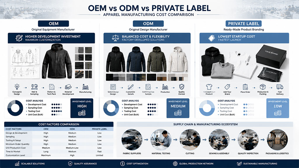 Infographic comparing apparel manufacturing cost structures for OEM, ODM, and private label models, highlighting development investment, MOQs, pricing analysis, and Simmerui's end-to-end garment supply chain ecosystem.