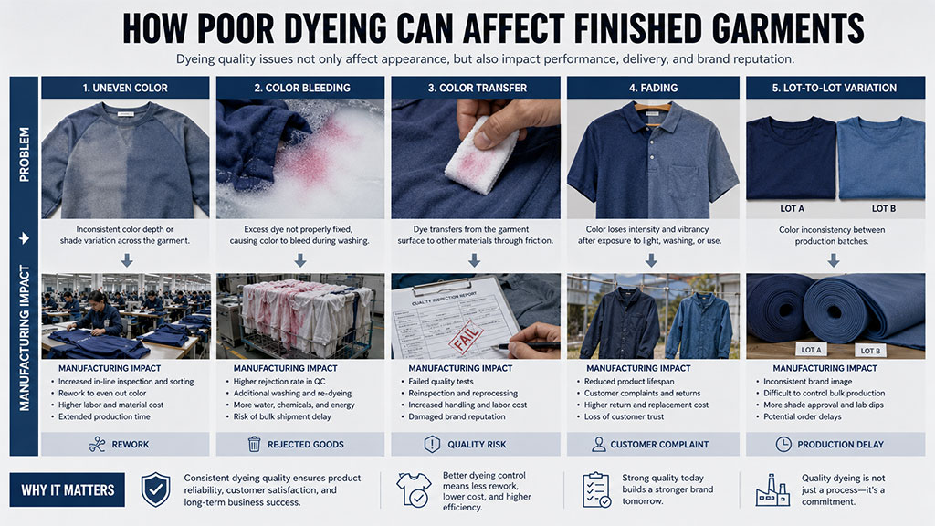 Common finished garment problems caused by poor dyeing including fading, staining and uneven color
