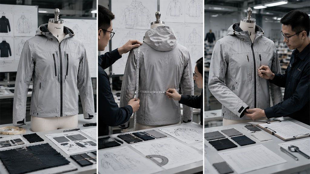 Technicians inspecting and measuring a grey technical outdoor jacket on a dress form to prevent poor sample quality issues before bulk apparel manufacturing begins.