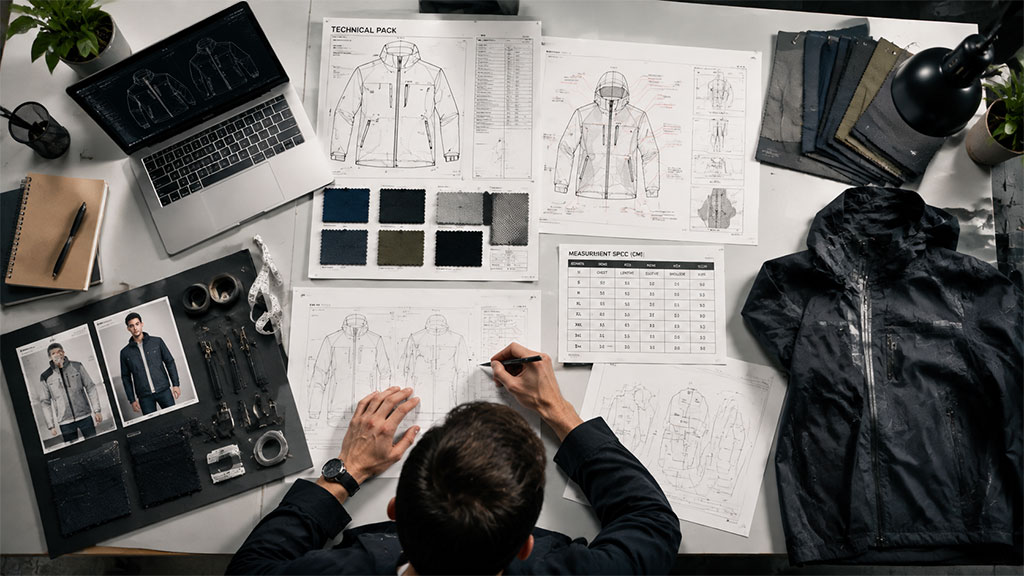 Product development team reviewing garment sketches, fabric samples and specifications for OEM apparel