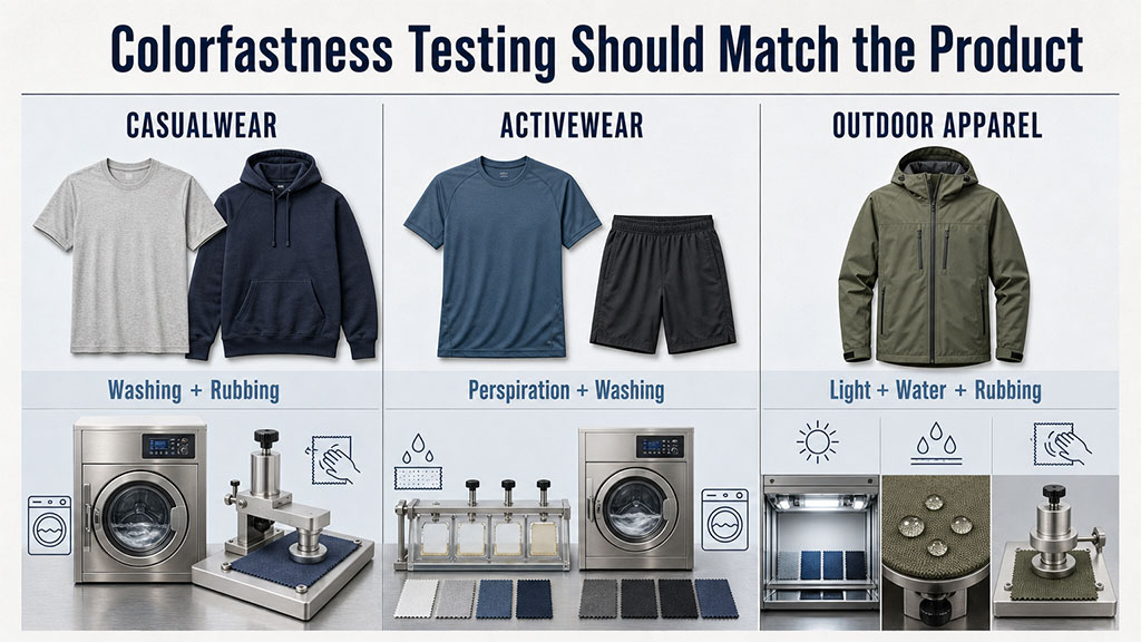 Product-specific colorfastness testing for different garments, fabrics and end-use requirements