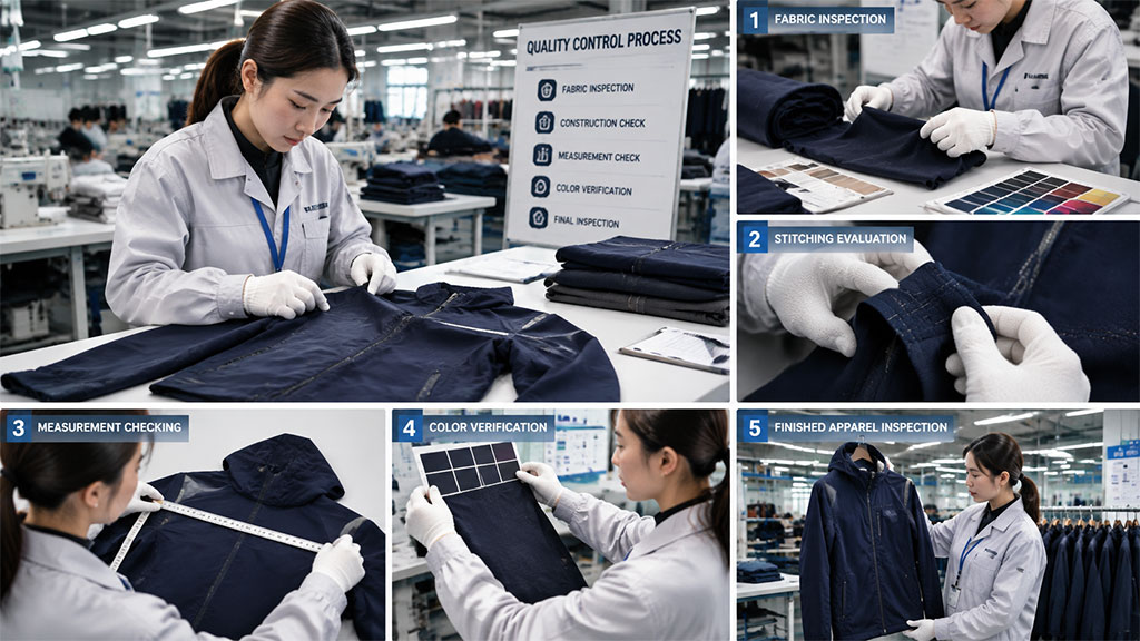 Garment quality inspection representing production checks in low MOQ OEM clothing manufacturing