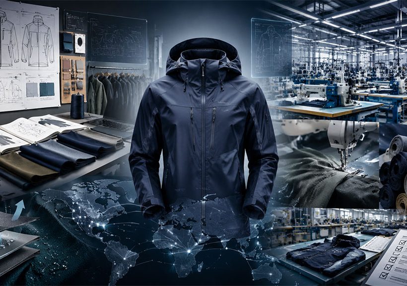 OEM clothing manufacturer selection guide for US and EU brands with a technical jacket and apparel production scenes