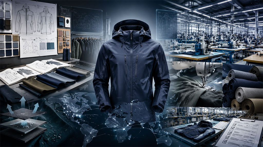 OEM clothing manufacturer selection guide for US and EU brands with a technical jacket and apparel production scenes