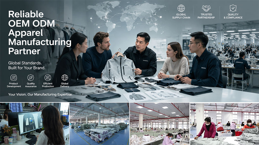 Simmerui international team holding a collaborative meeting inside a modern garment factory, highlighting global apparel manufacturing partnerships, efficient production lines, and strict quality compliance standards.
