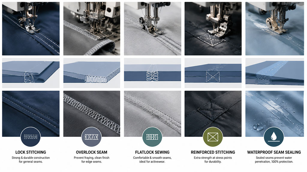 Garment construction infographic comparing different industrial sewing techniques and seam methods