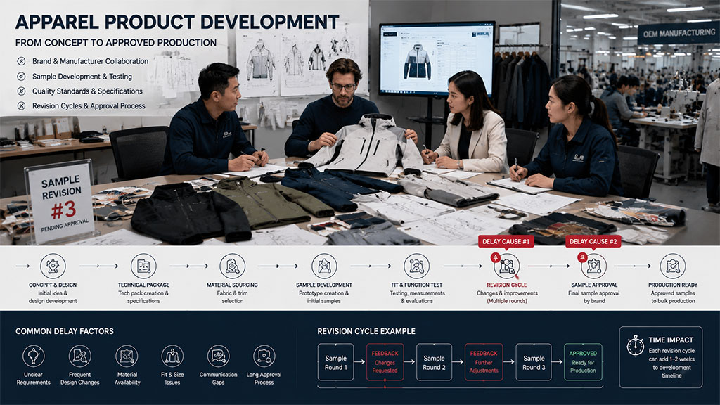 Garment sample review and approval process representing a common source of apparel production delays