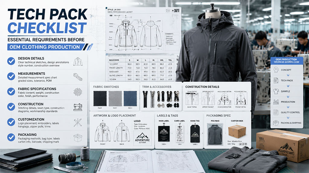 Apparel tech pack checklist covering technical drawings, measurements, materials, trims, colors and labeling