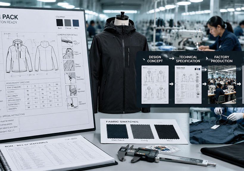 Production-ready apparel tech pack guide with technical jacket drawings, measurements, materials and construction details