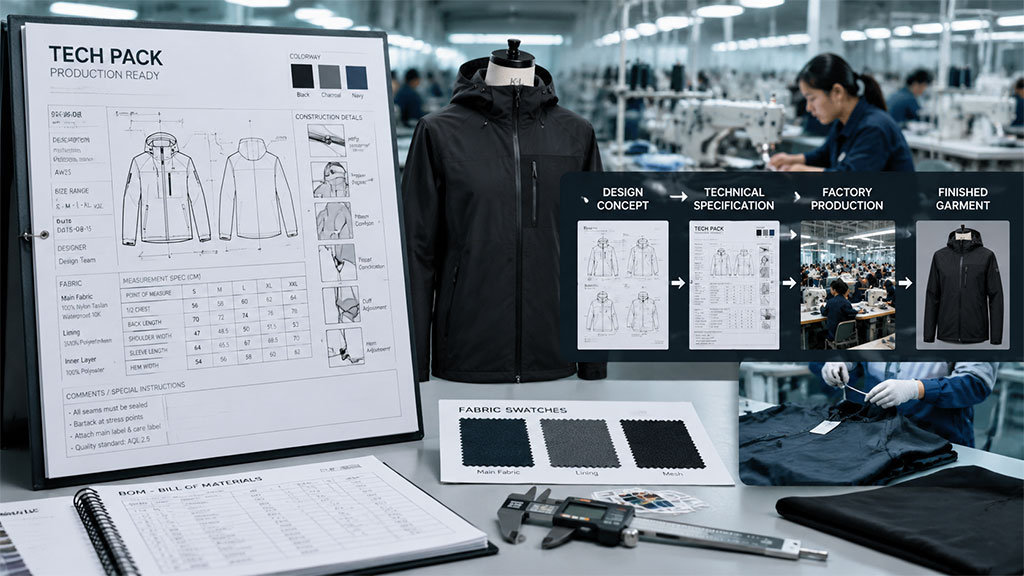 Production-ready apparel tech pack guide with technical jacket drawings, measurements, materials and construction details