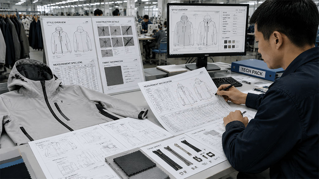 Garment tech pack review representing specification checks before OEM bulk production