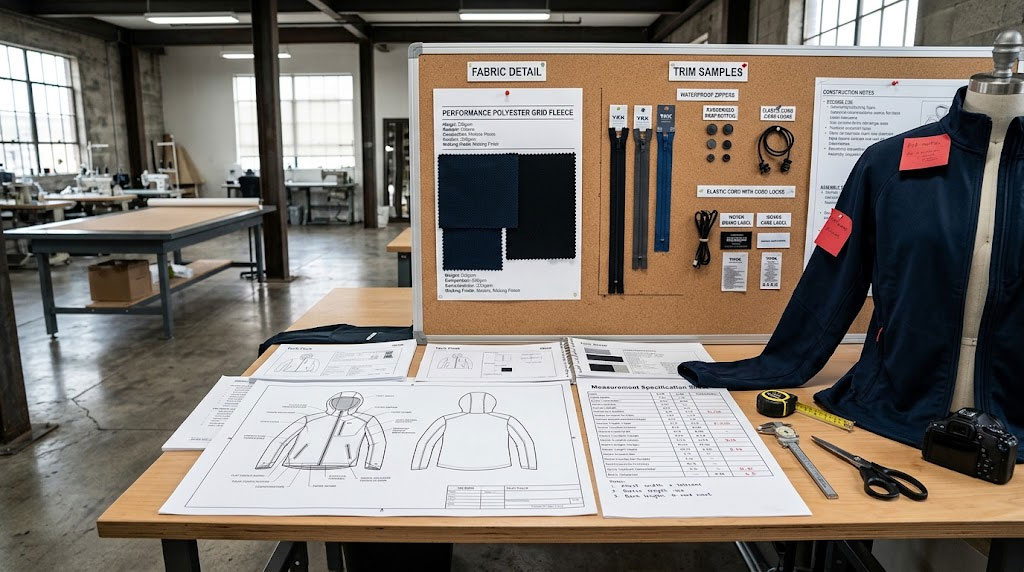 Professional apparel tech pack with garment drawings, measurements and construction specifications