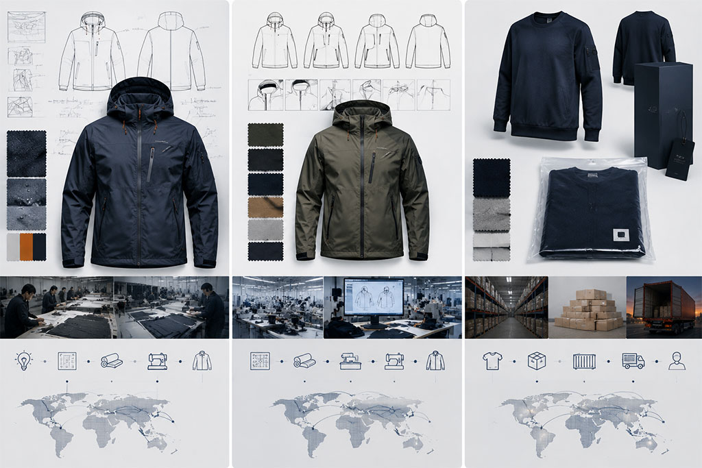 Visual comparison chart explaining Simmerui's three core apparel manufacturing models—OEM custom production, ODM catalog selection, and private label bulk supply—alongside global shipping and distribution networks.