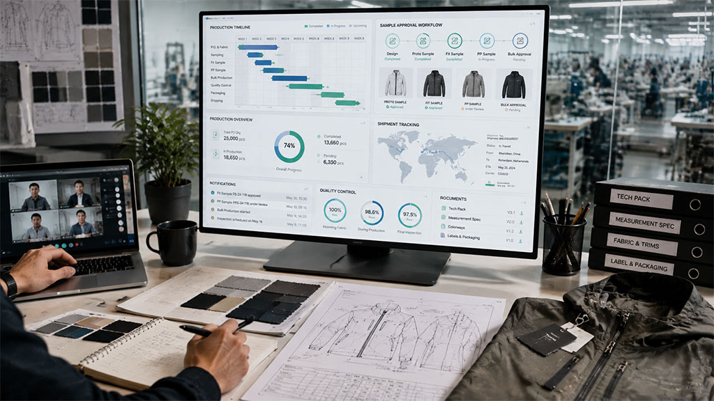 Project management dashboard on a laptop representing transparent communication in OEM apparel production
